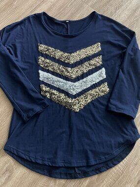 5th Culture Women's Long Sleeve Knit Blue Shirt Size XL Sequin White Pattern